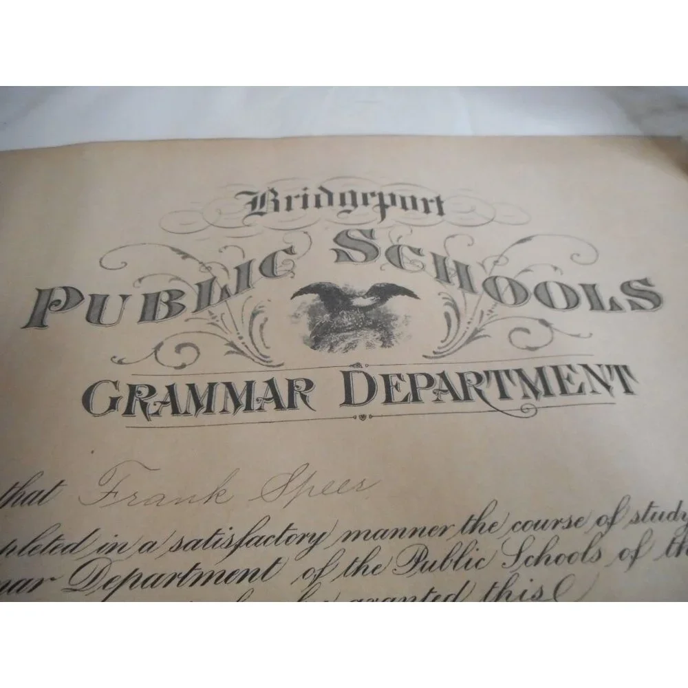 Grammar Department Certificate Graduation Speer Unframed 1910 Bridgeport CT